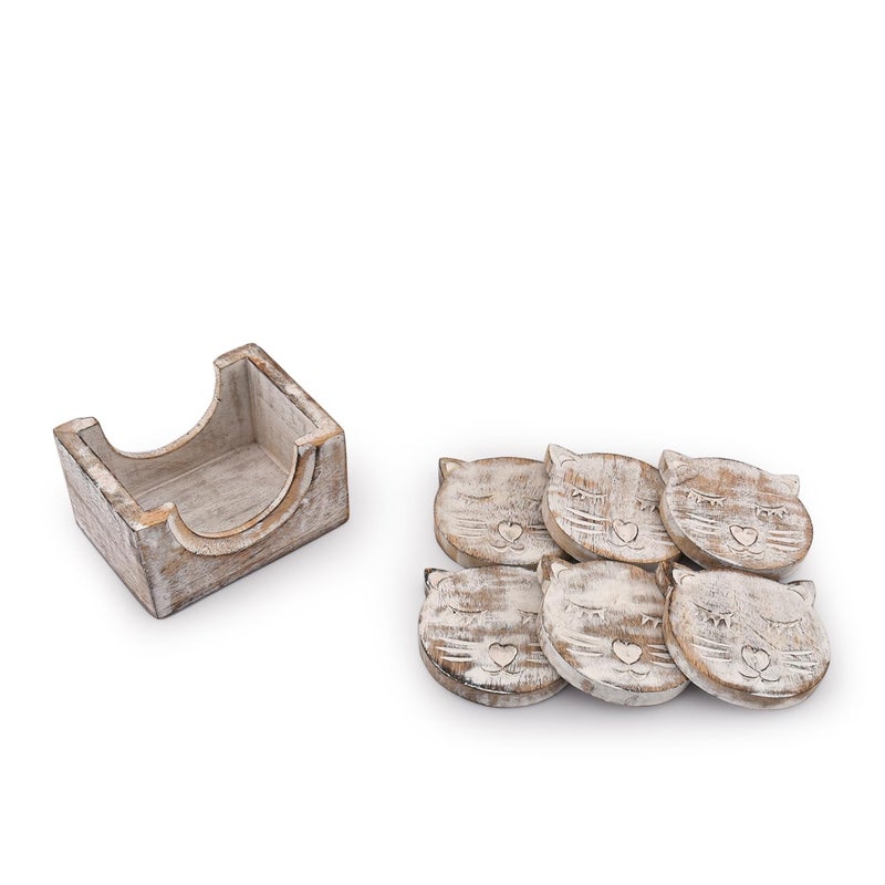 NIRMAN Wooden Crafted Unique Adorable Cat Shaped Coasters Set of 6 with Holder, Bar Dining Table Home DÃ©cor - Image 4